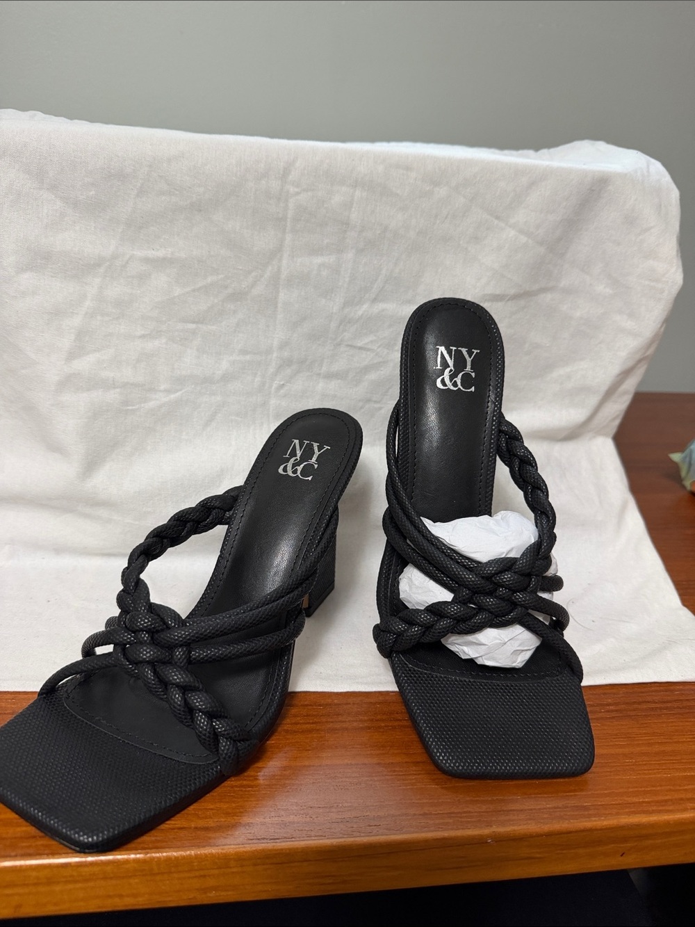 New York & Company Black Braided-Strap Square-Toe Heeled Mules